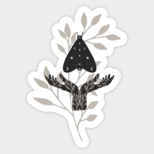 Watercolor Black Moth Crescent Moon Wings Held by Cupped Silhouette Hands With Wildflower Tattoos Flies across watercolor wildflowers Sticker